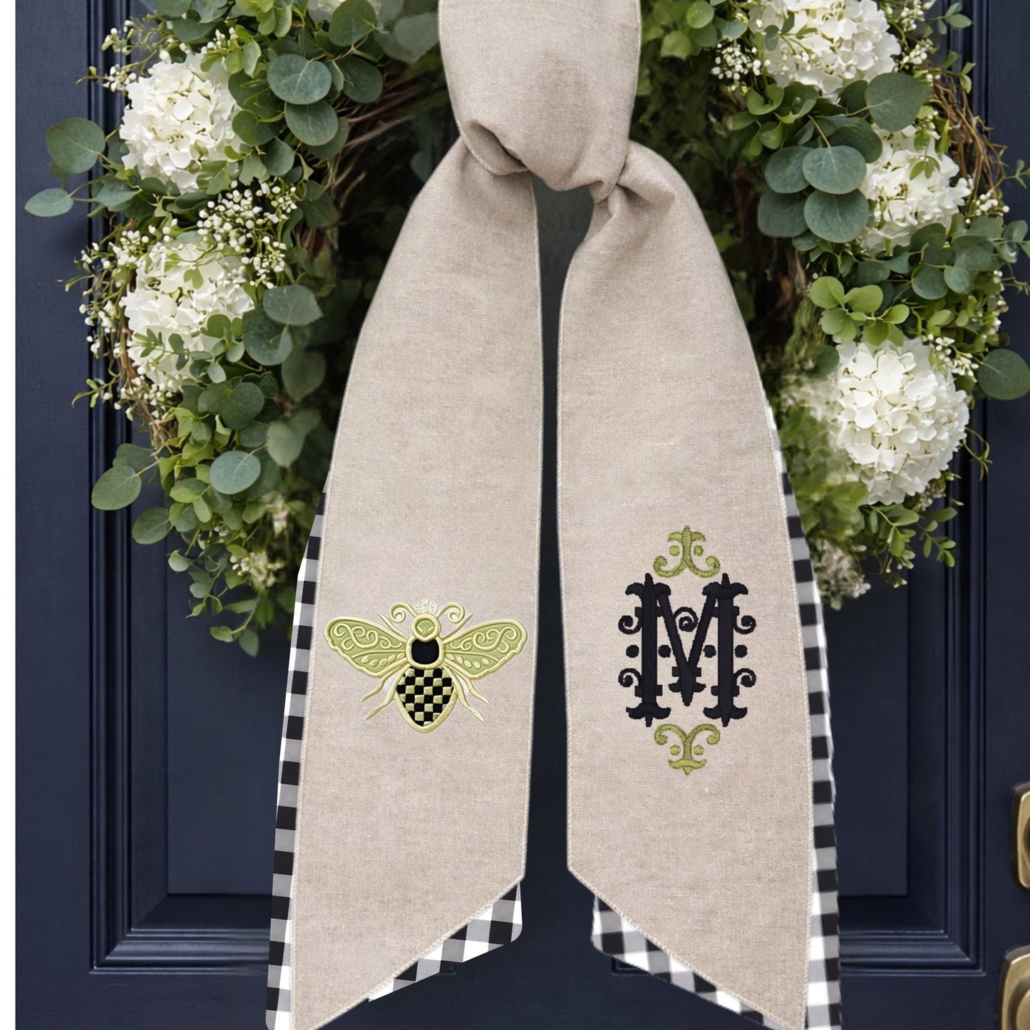 Black and White Check Embroidered Spring Wreath Sash
