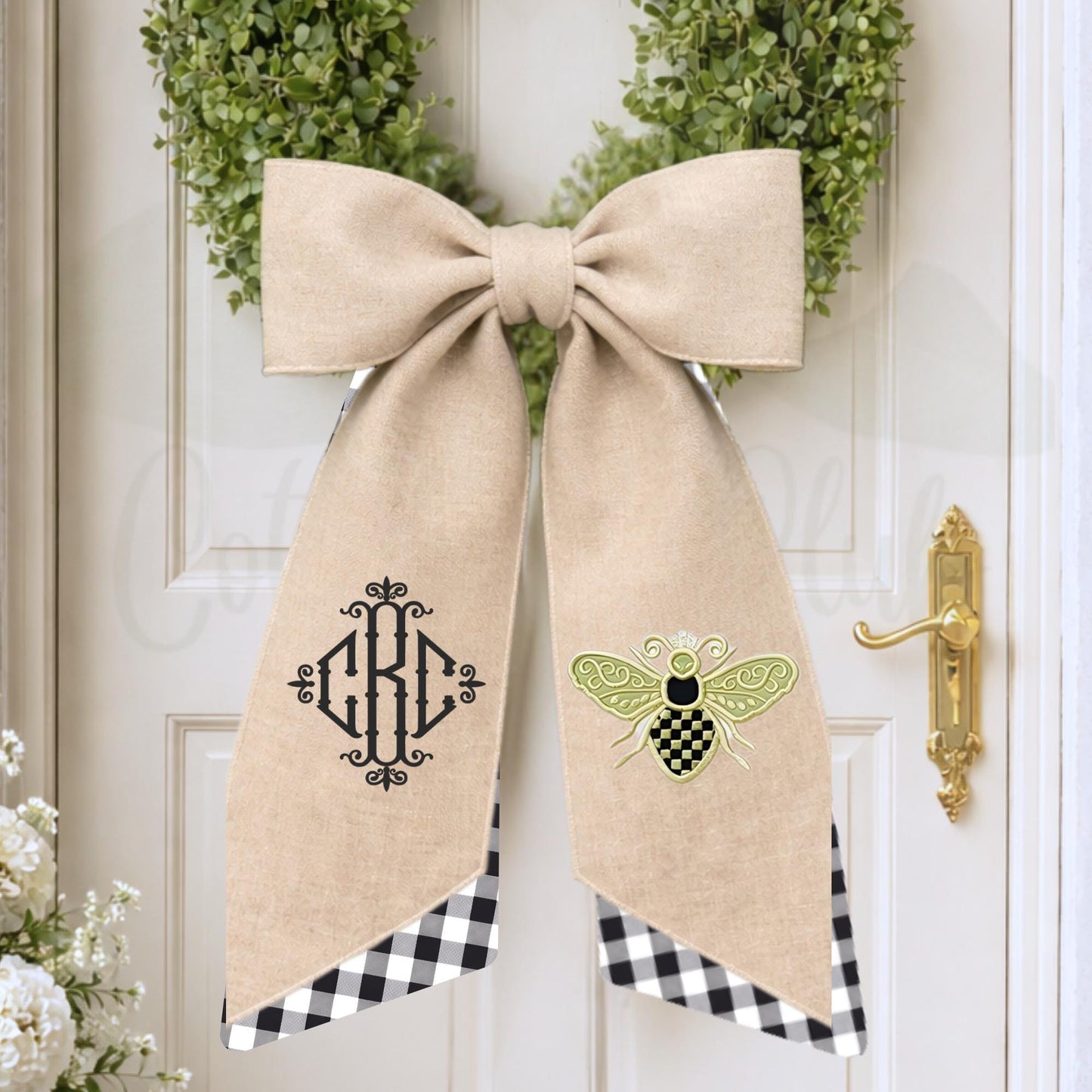 Black and White Check Embroidered Spring Wreath Sash
