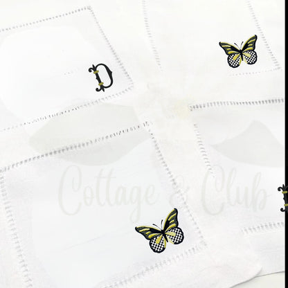 Black & White Check Butterfly Embroidered Linen Hemstitch Personalized Cocktail Drink Napkins - Set of 4