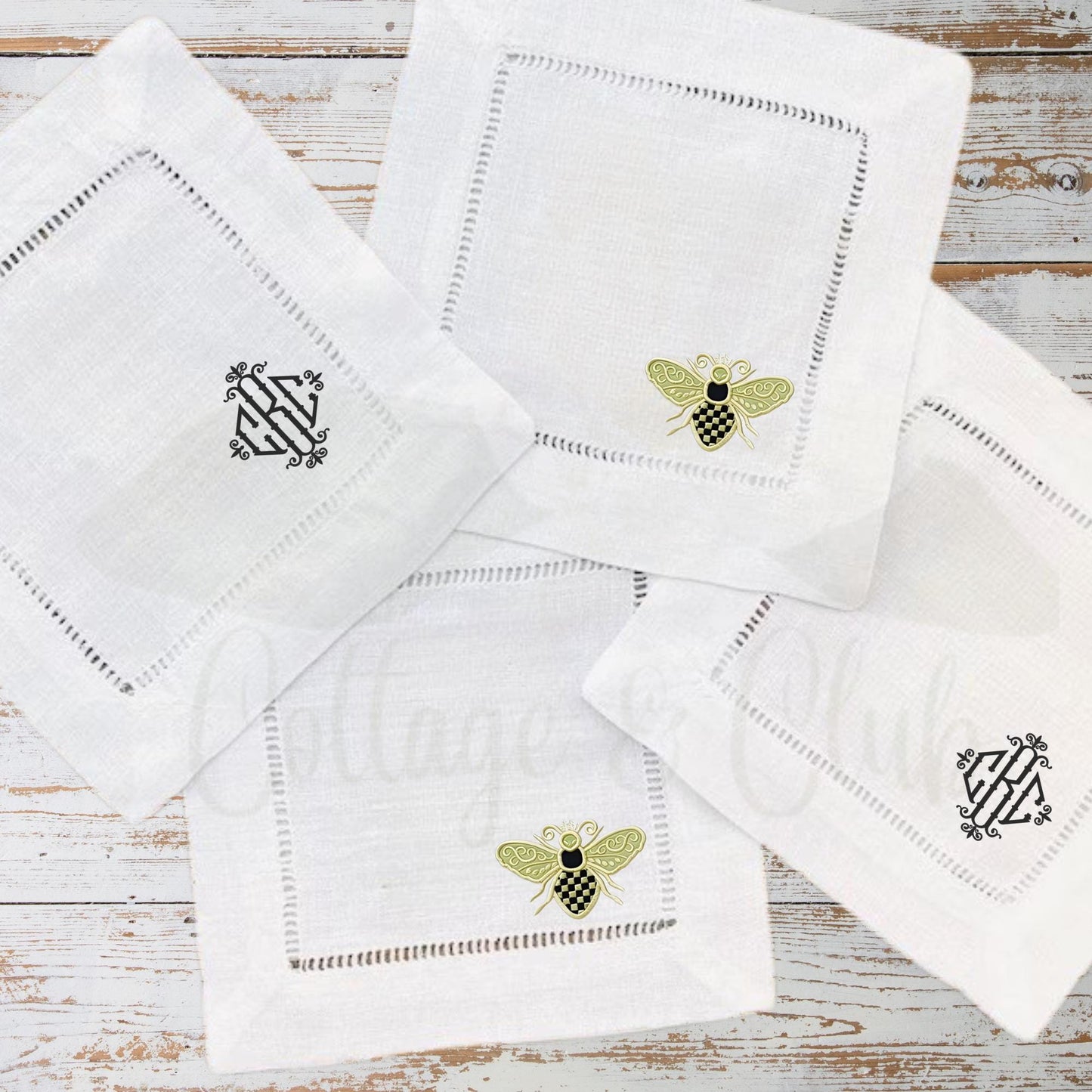 Black & White Check Butterfly Embroidered Linen Hemstitch Personalized Cocktail Drink Napkins - Set of 4