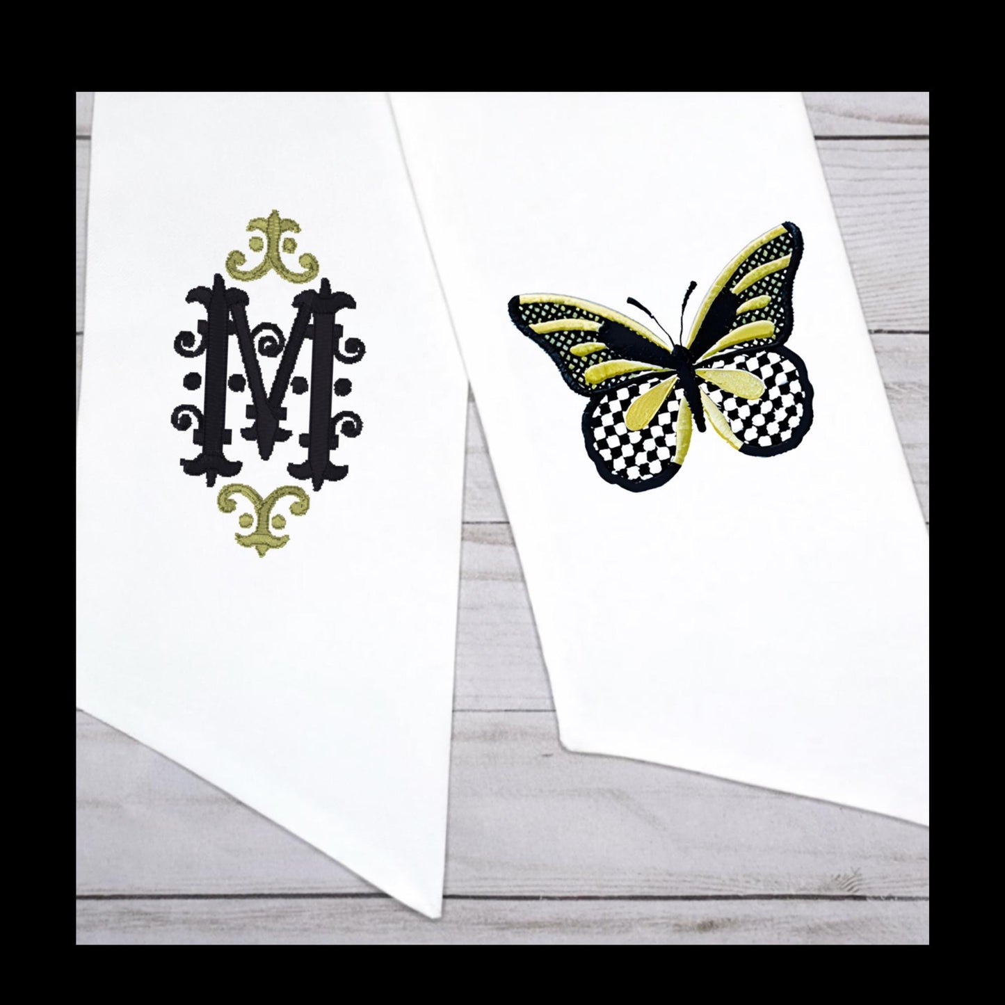 Black and White Check Embroidered Spring Wreath Sash