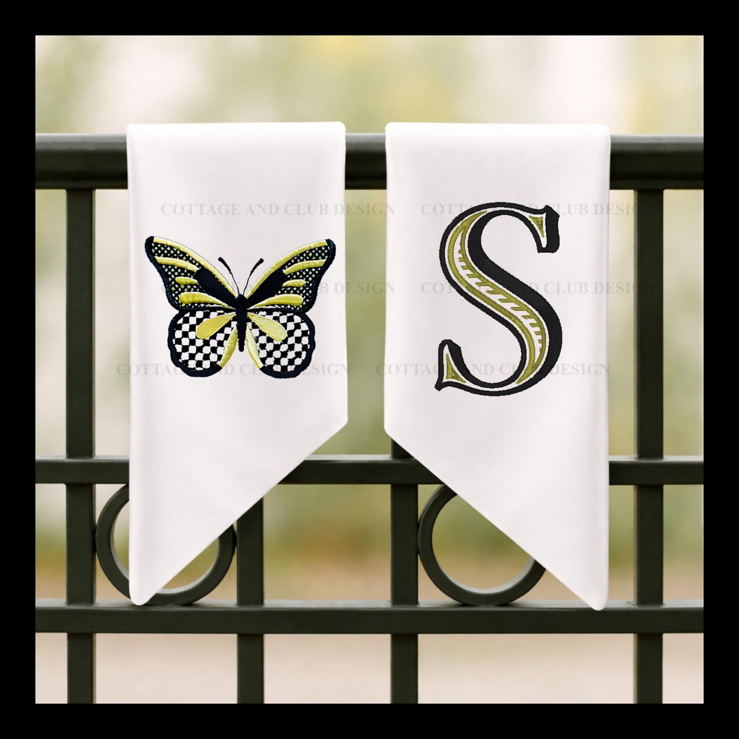 Black and White Check Embroidered Spring Wreath Sash