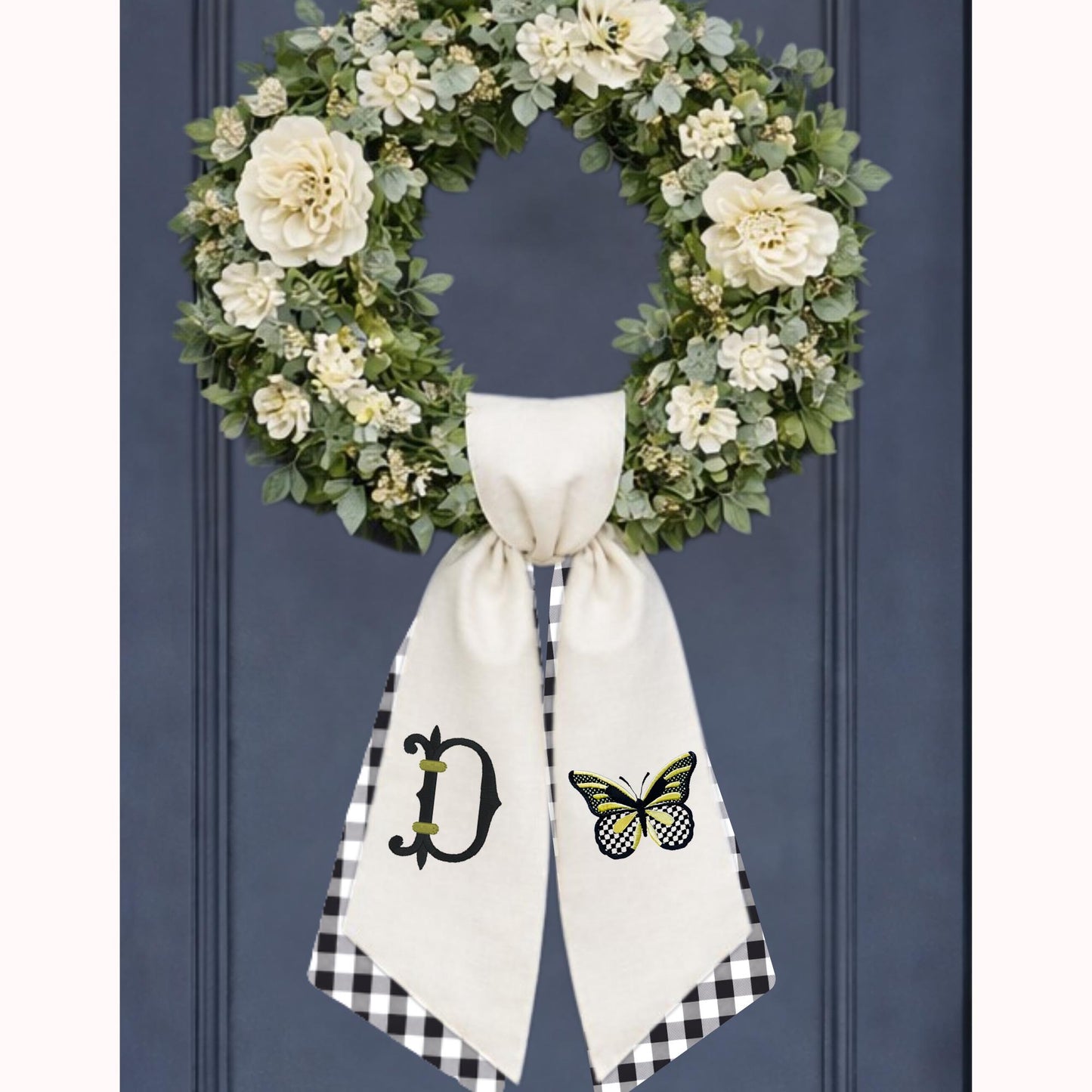 Black and White Check Embroidered Spring Wreath Sash