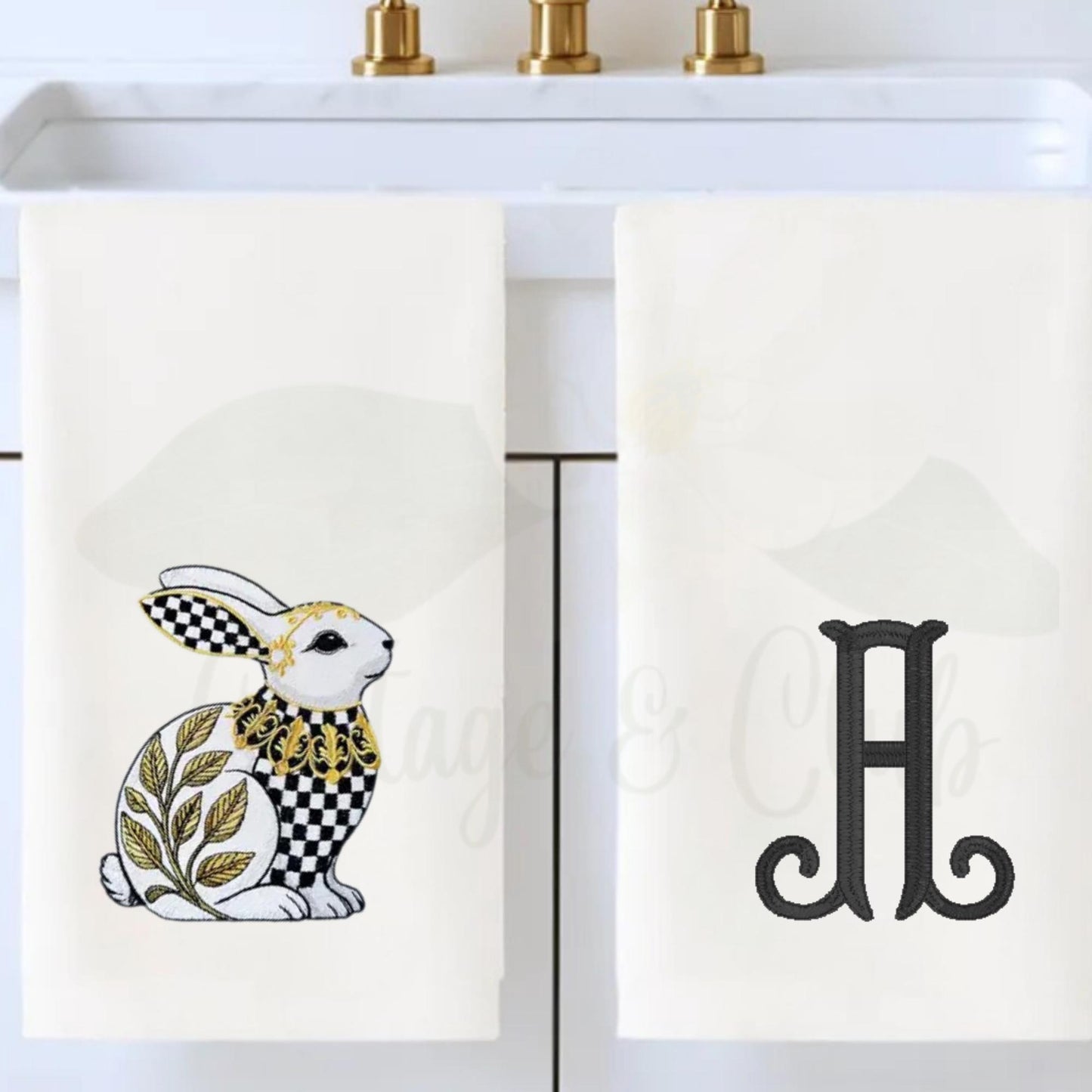 Black & White Check Bunny Rabbit Tea Towel - Courtly Check Inspired Design