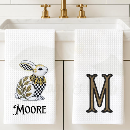 Black & White Check Bunny Rabbit Tea Towel - Courtly Check Inspired Design