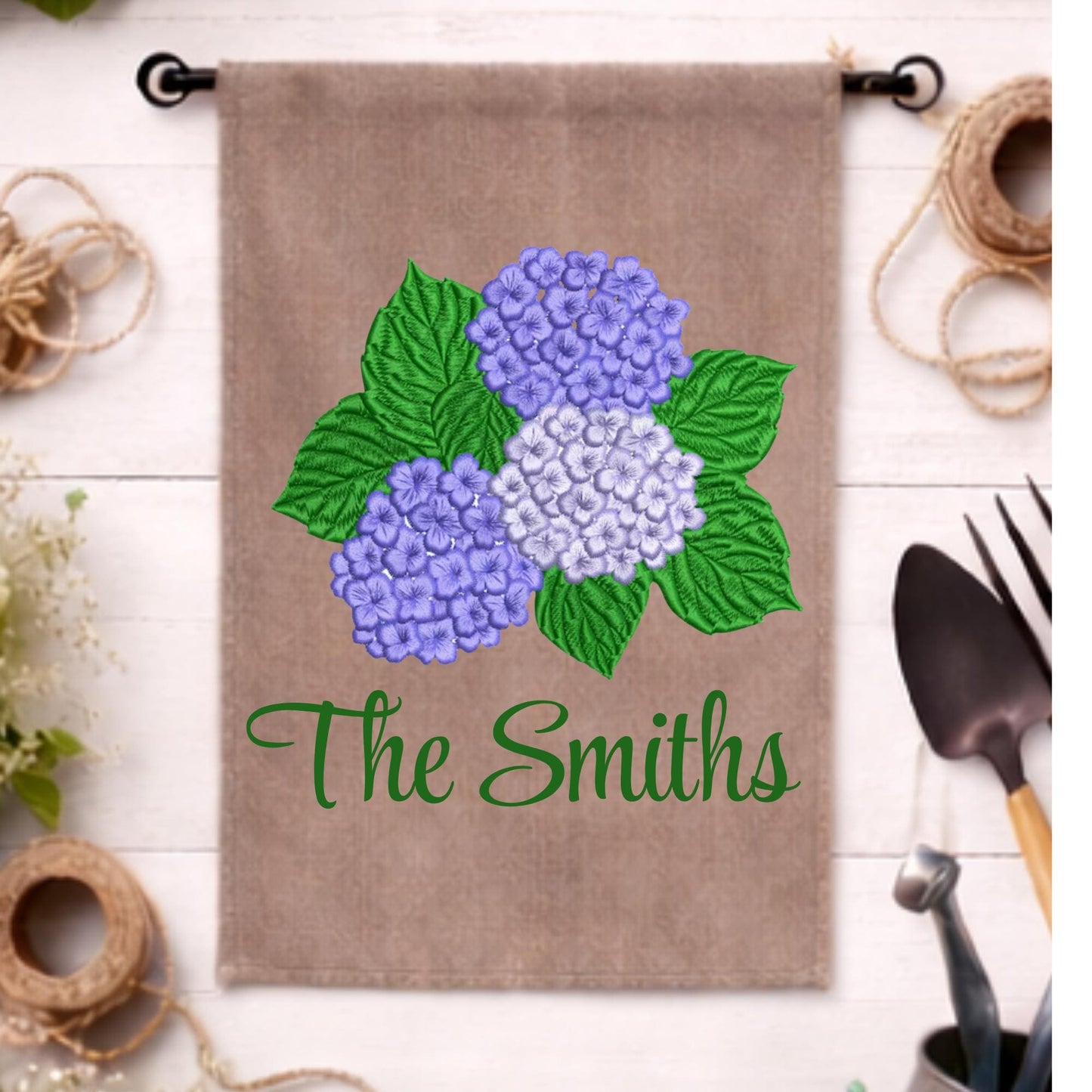 Embroidered Hydrangea Personalized Garden Flag