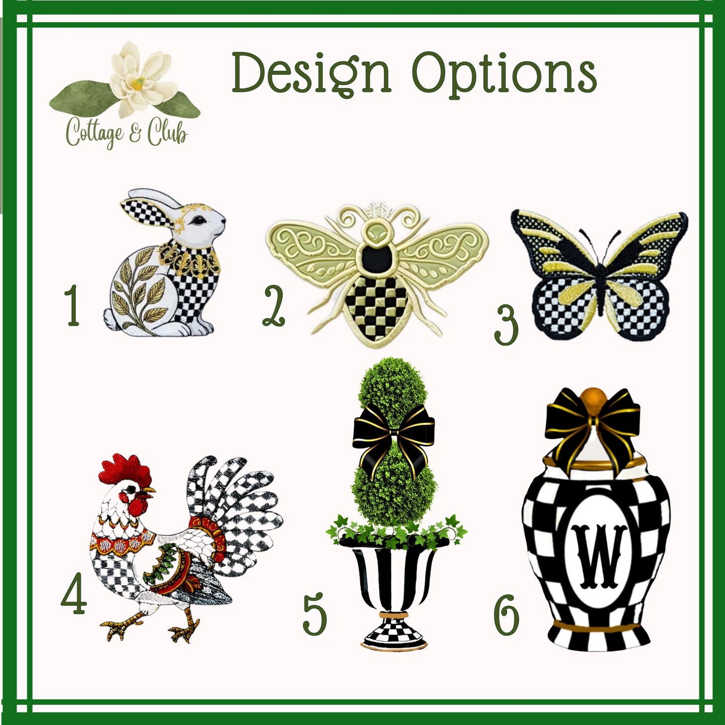 Black and White Check Embroidered Spring Wreath Sash