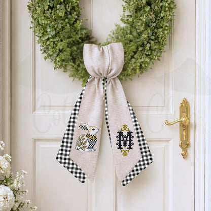 Black and White Check Embroidered Spring Wreath Sash