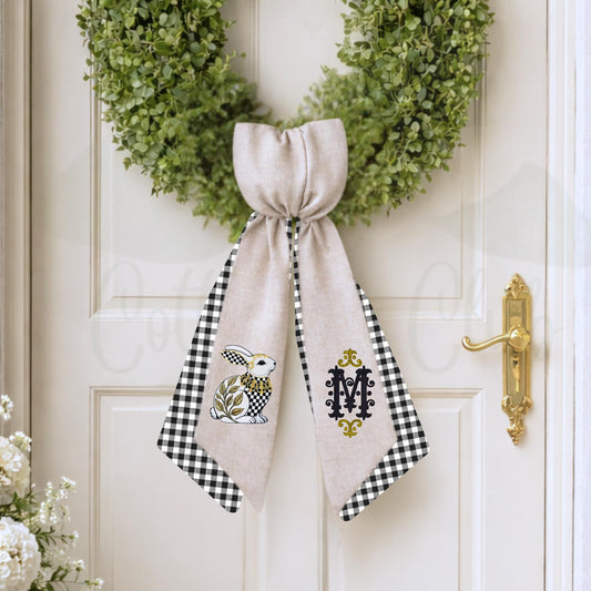 Black and White Check Embroidered Spring Wreath Sash