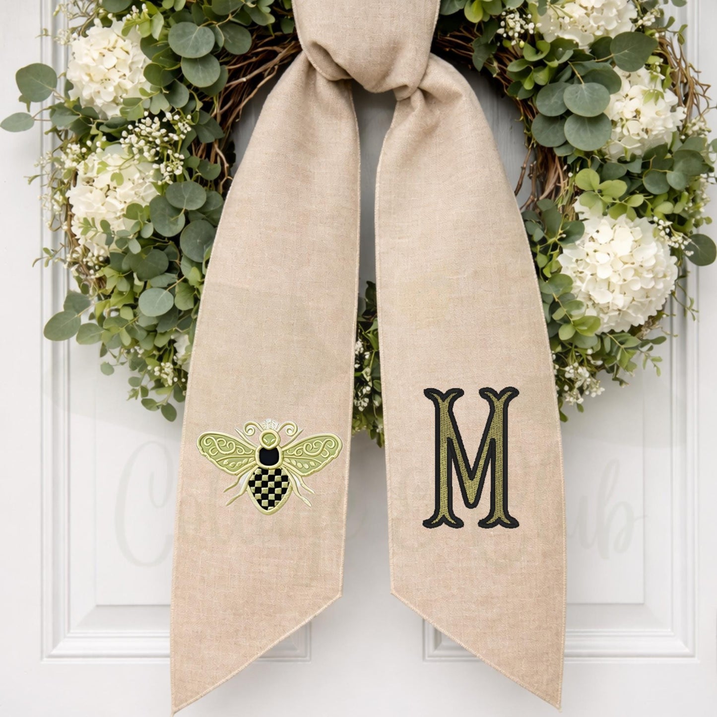 Black and White Check Embroidered Spring Wreath Sash