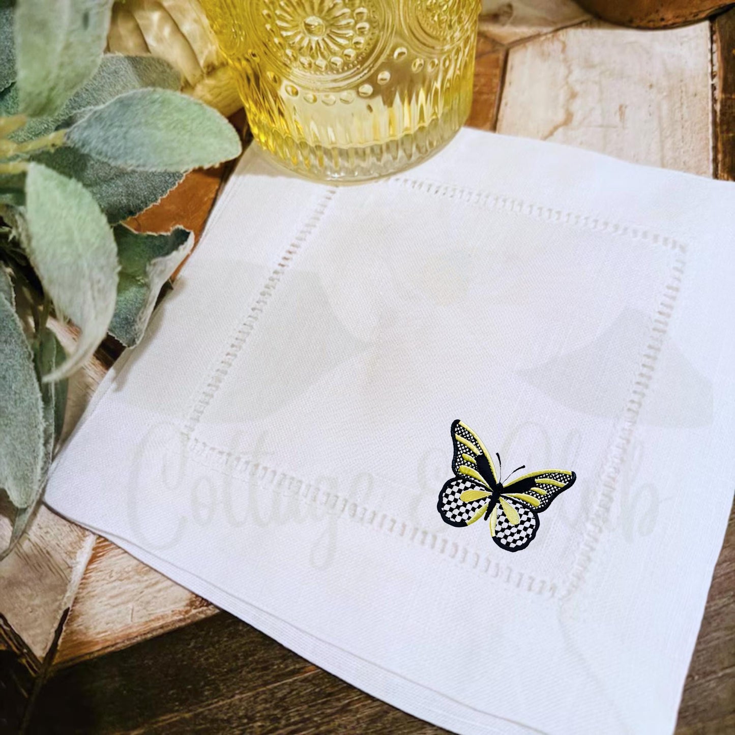 Black & White Check Butterfly Embroidered Linen Hemstitch Personalized Cocktail Drink Napkins - Set of 4