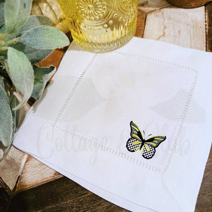 Black & White Check Butterfly Embroidered Linen Hemstitch Personalized Cocktail Drink Napkins - Set of 4