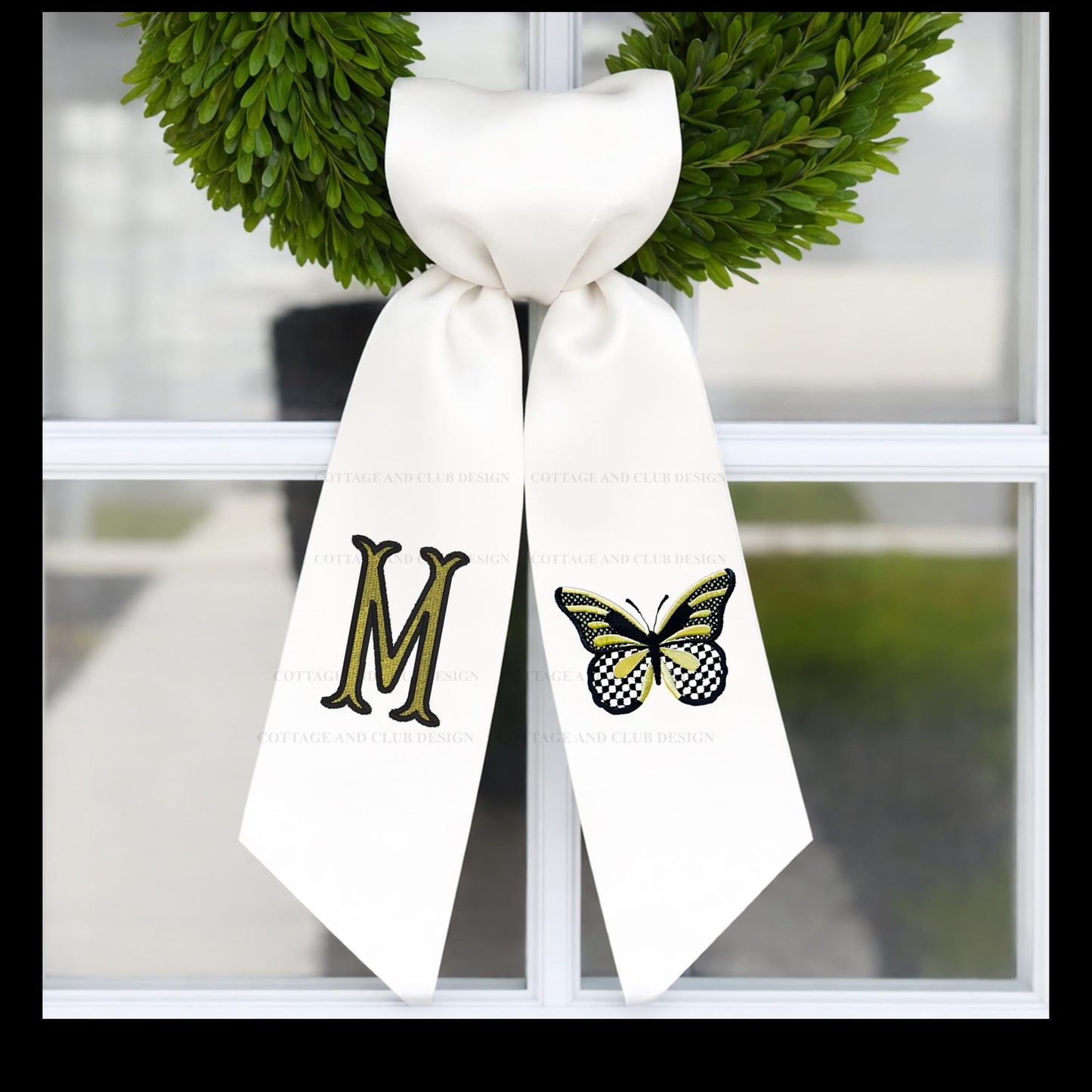 Black and White Check Embroidered Spring Wreath Sash