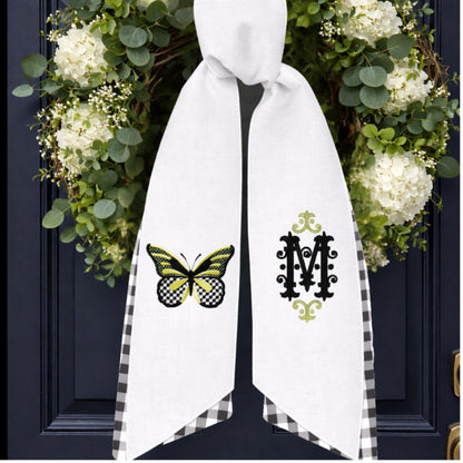Black and White Check Embroidered Spring Wreath Sash