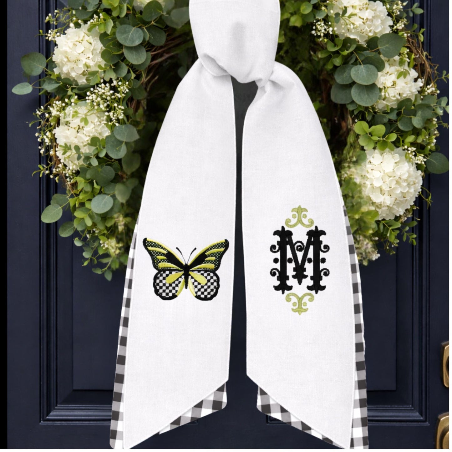 Black and White Check Embroidered Spring Wreath Sash