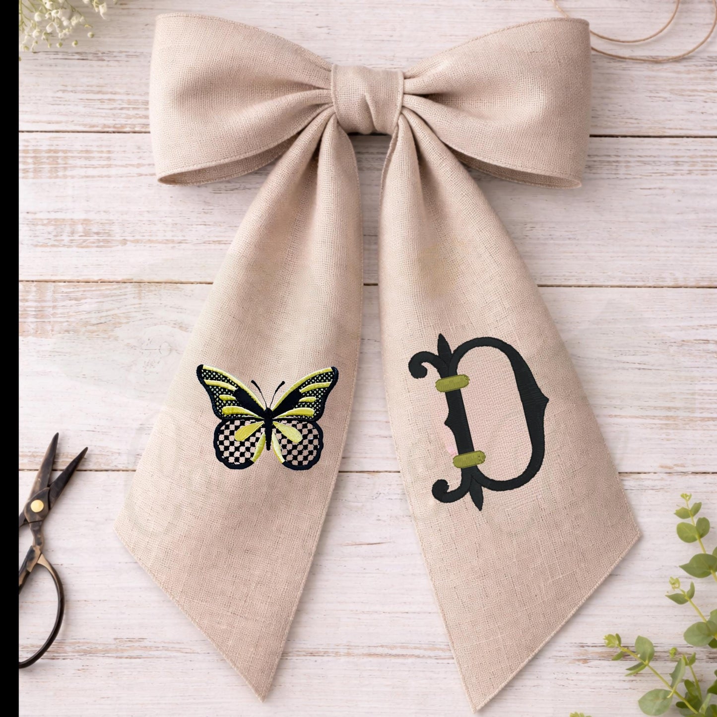 Black and White Check Embroidered Spring Wreath Sash