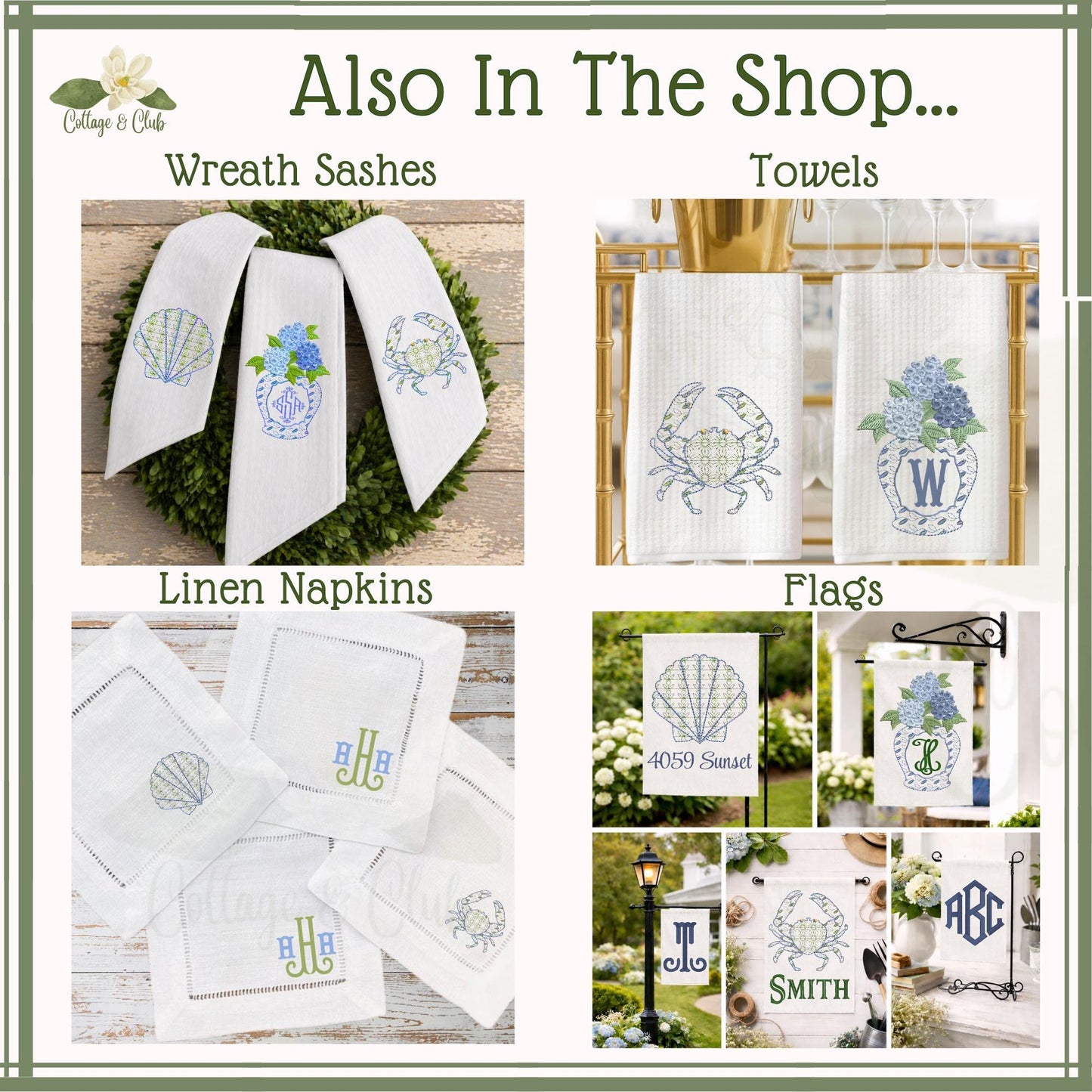Hydrangea Beach House Monogrammed Personalized Embroidered Wreath Sash