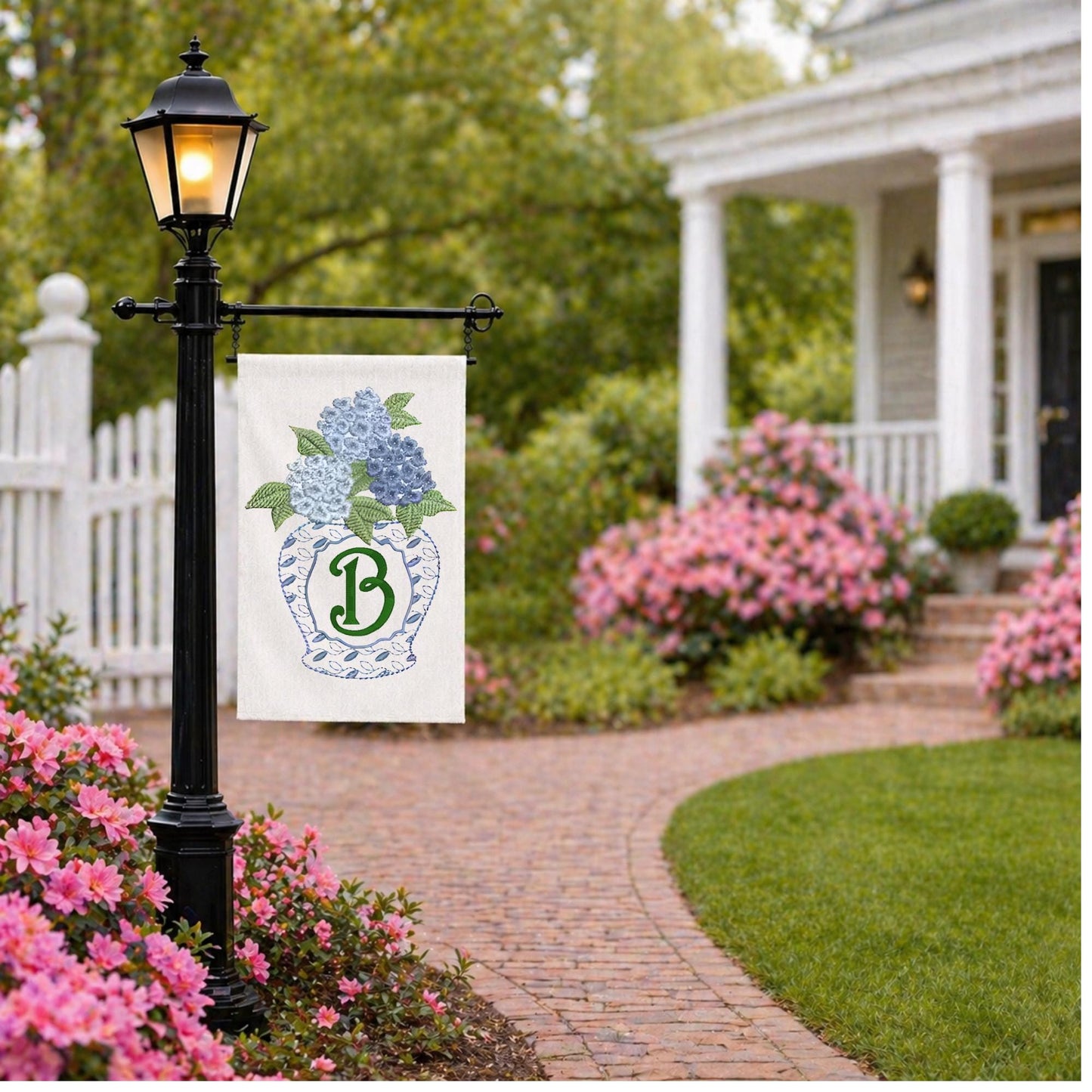 Coast Chinoiserie Beach and Sea Shore Hydrangea, Crab & SeaShell Embroidered Personalized Custom Garden or Yard Flag