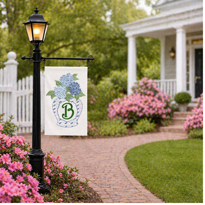 Coast Chinoiserie Beach and Sea Shore Hydrangea, Crab & SeaShell Embroidered Personalized Custom Garden or Yard Flag