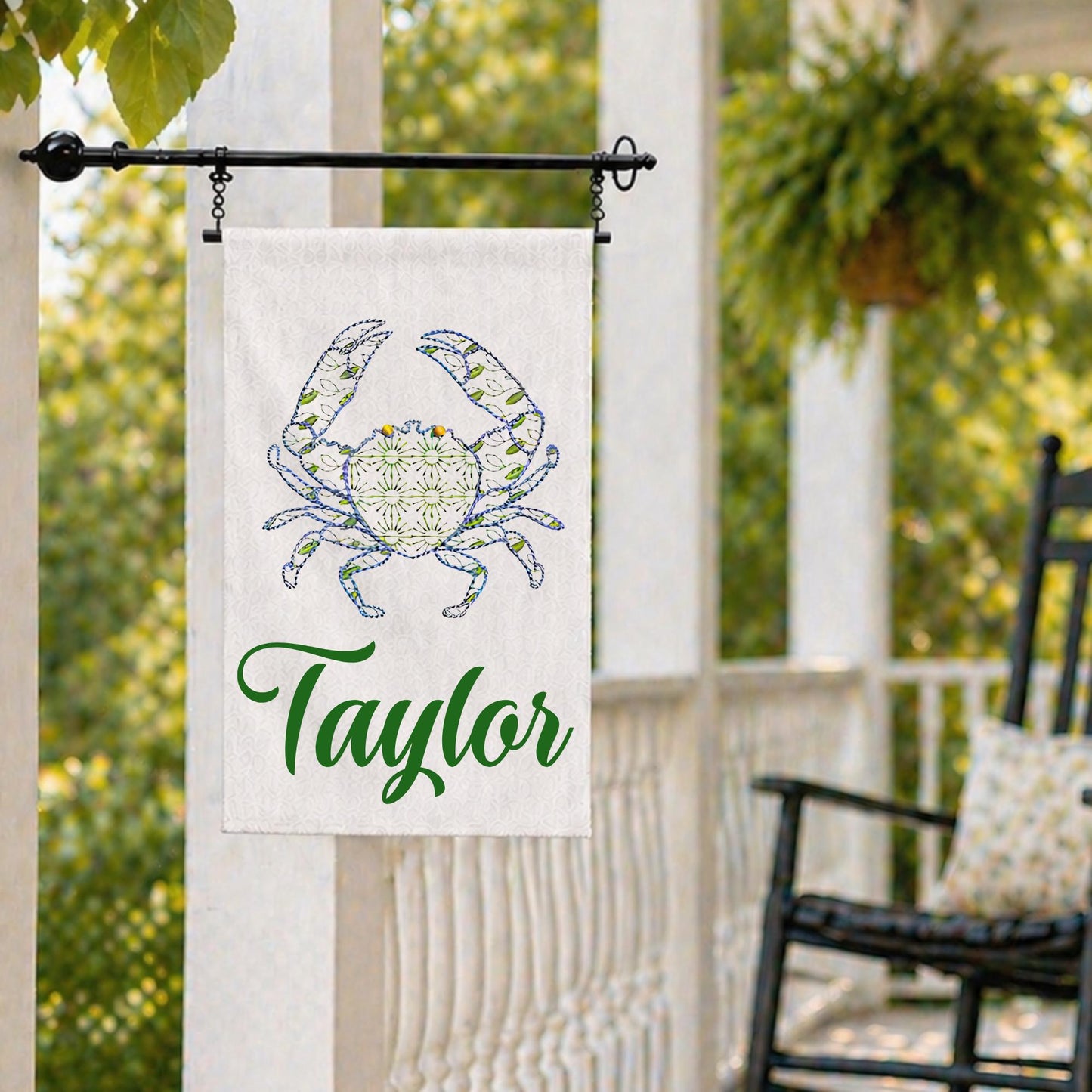 Coast Chinoiserie Beach and Sea Shore Hydrangea, Crab & SeaShell Embroidered Personalized Custom Garden or Yard Flag