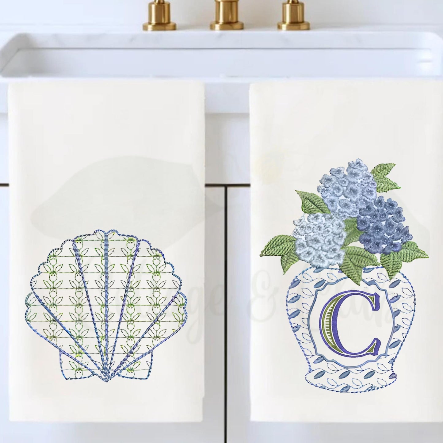 Coastal Beach House Chinoiserie Hydrangea, Crab or Seashell Oversized Kitchen Waffle Weave Tea Towel