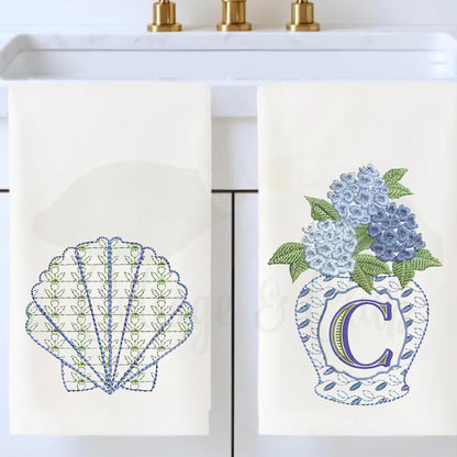Coastal Beach House Chinoiserie Hydrangea, Crab or Seashell Oversized Kitchen Waffle Weave Tea Towel