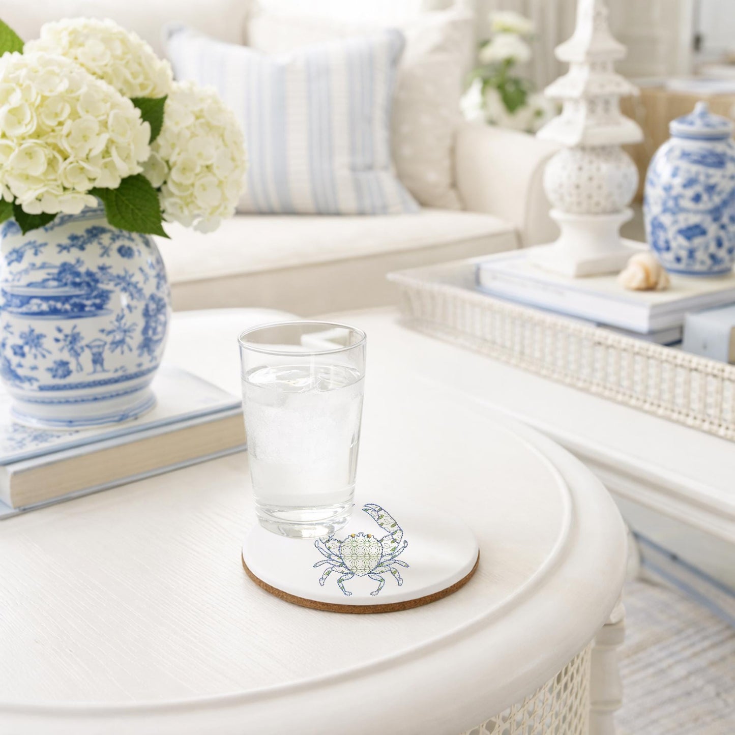 Beach House Coastal Chinoiserie Hydrangea, Crab or Seashell Set of 4 Round Coasters
