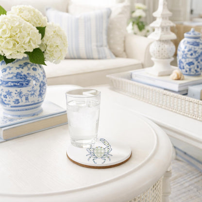 Beach House Coastal Chinoiserie Hydrangea, Crab or Seashell Set of 4 Round Coasters