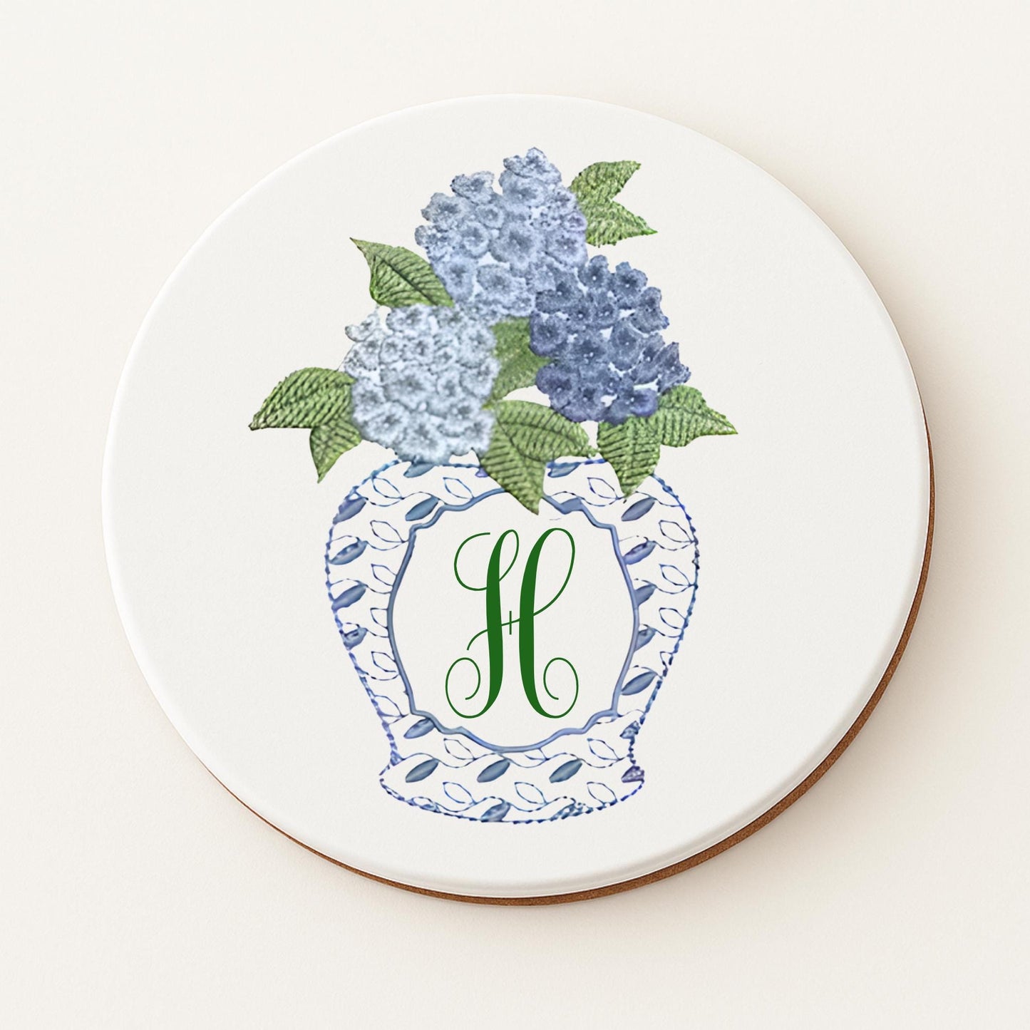Beach House Coastal Chinoiserie Hydrangea, Crab or Seashell Set of 4 Round Coasters