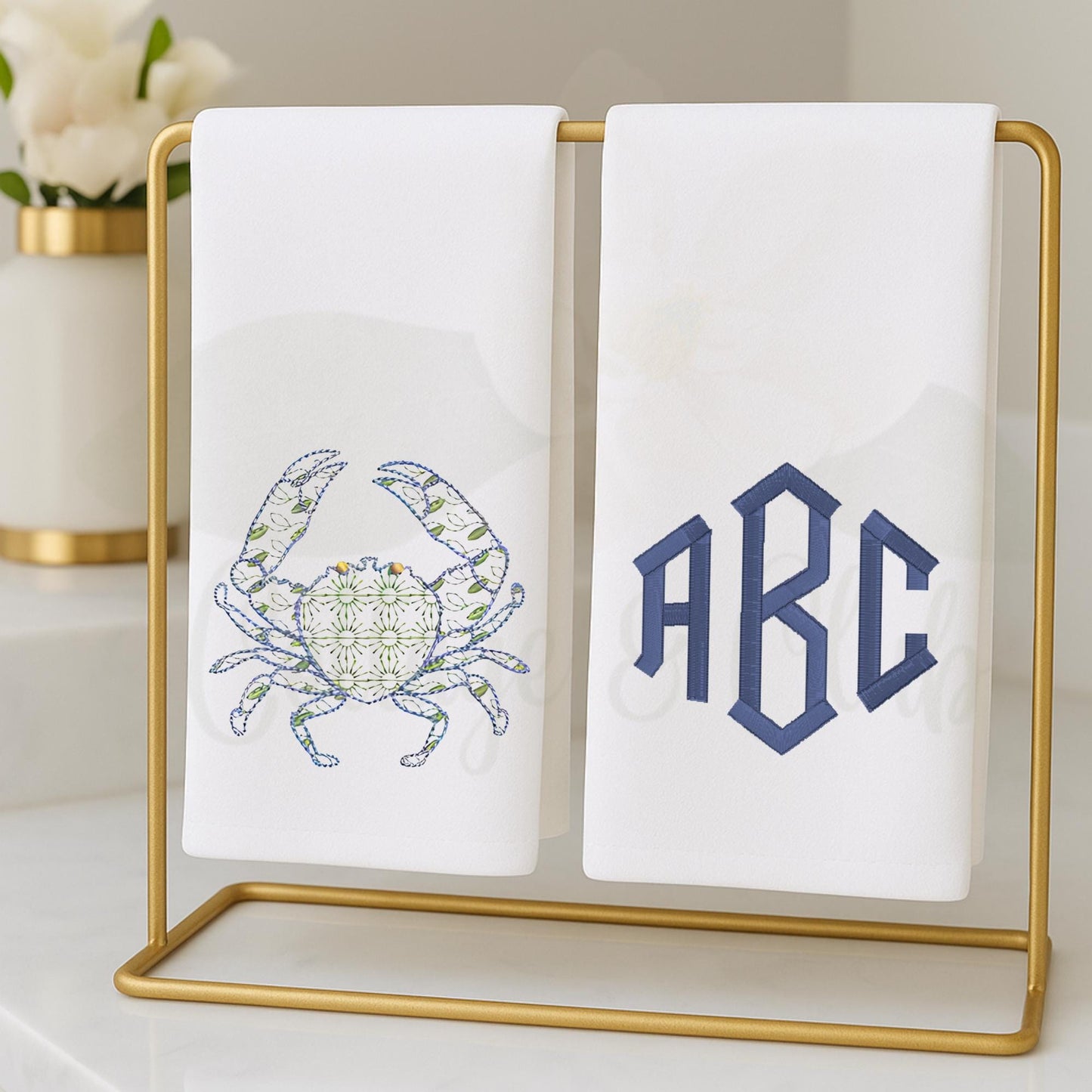 Coastal Beach House Chinoiserie Hydrangea, Crab or Seashell Bathroom Hand Towels For The Bathroom & Powder Room