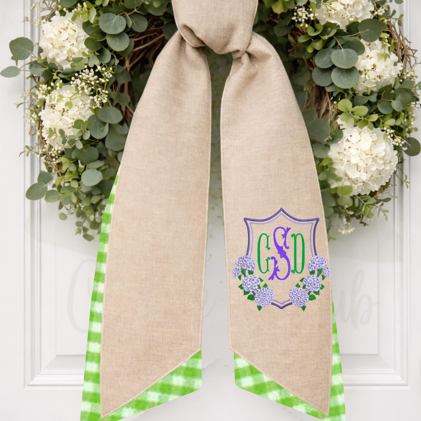 Hydrangea Monogrammed Personalized Embroidered Wreath Sash