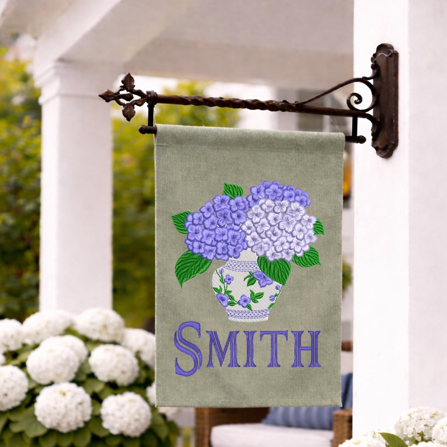 Embroidered Hydrangea Personalized Garden Flag