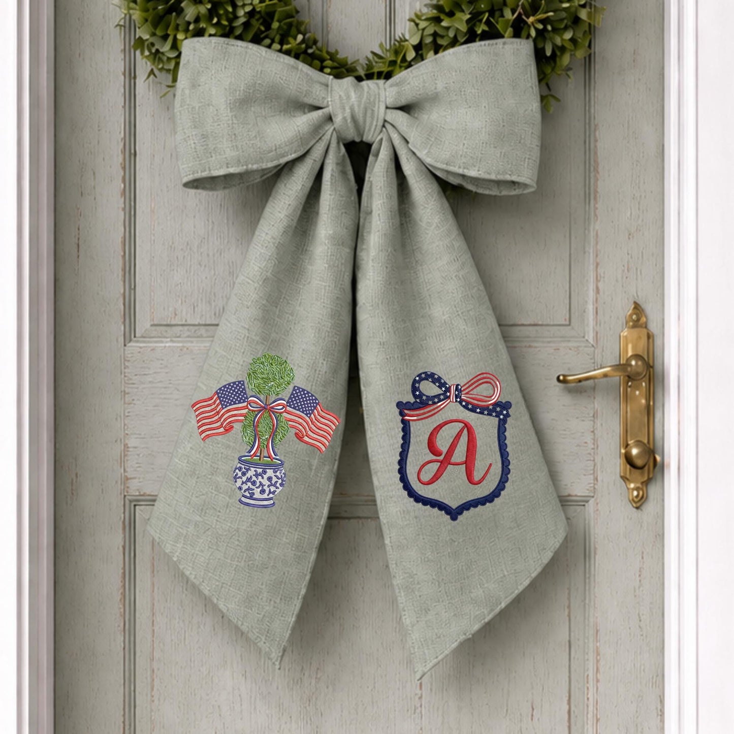 4th of July Independence Day Patriotic Nantucket Hydrangea Personalized Embroidered Monogrammed Wreath Sash