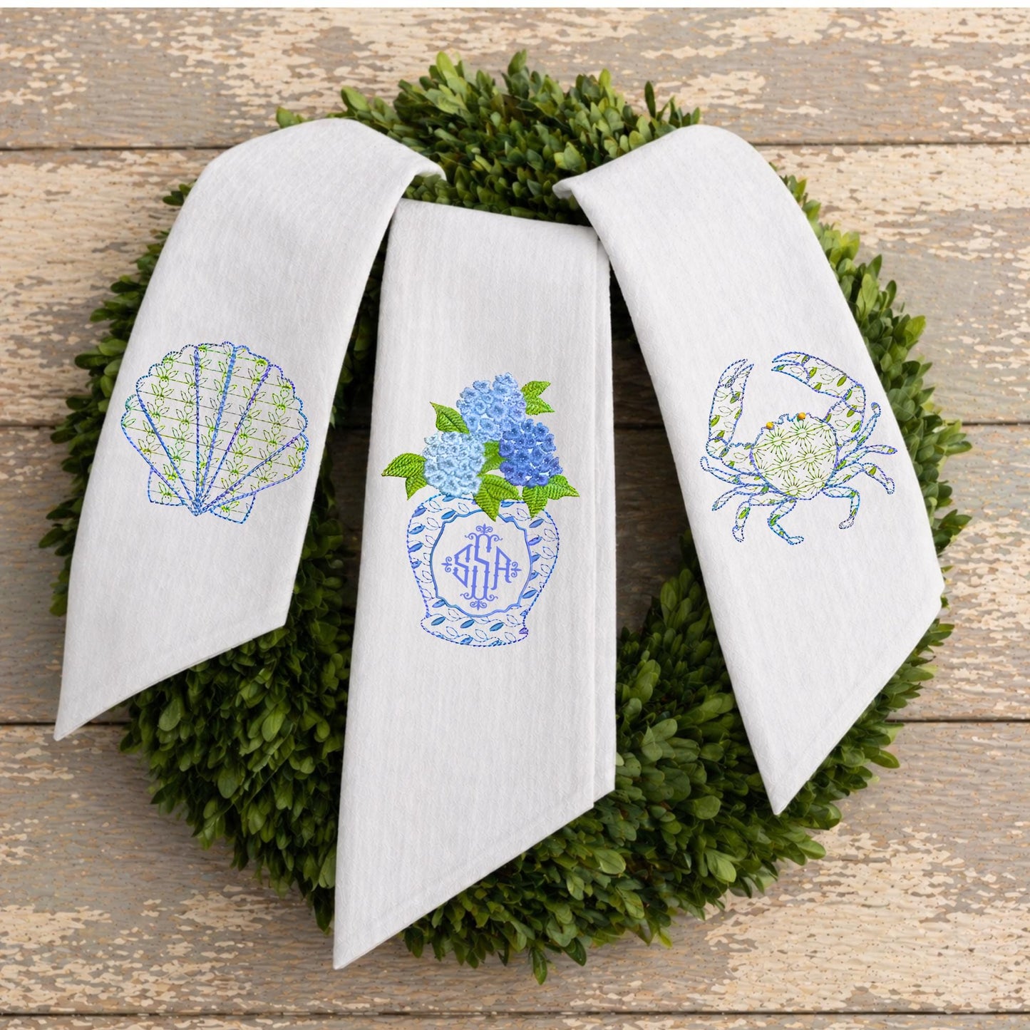Hydrangea Beach House Monogrammed Personalized Embroidered Wreath Sash