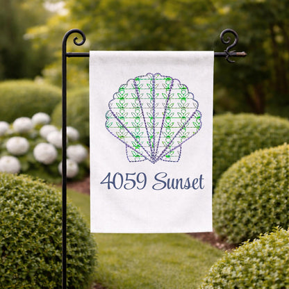 Coast Chinoiserie Beach and Sea Shore Hydrangea, Crab & SeaShell Embroidered Personalized Custom Garden or Yard Flag