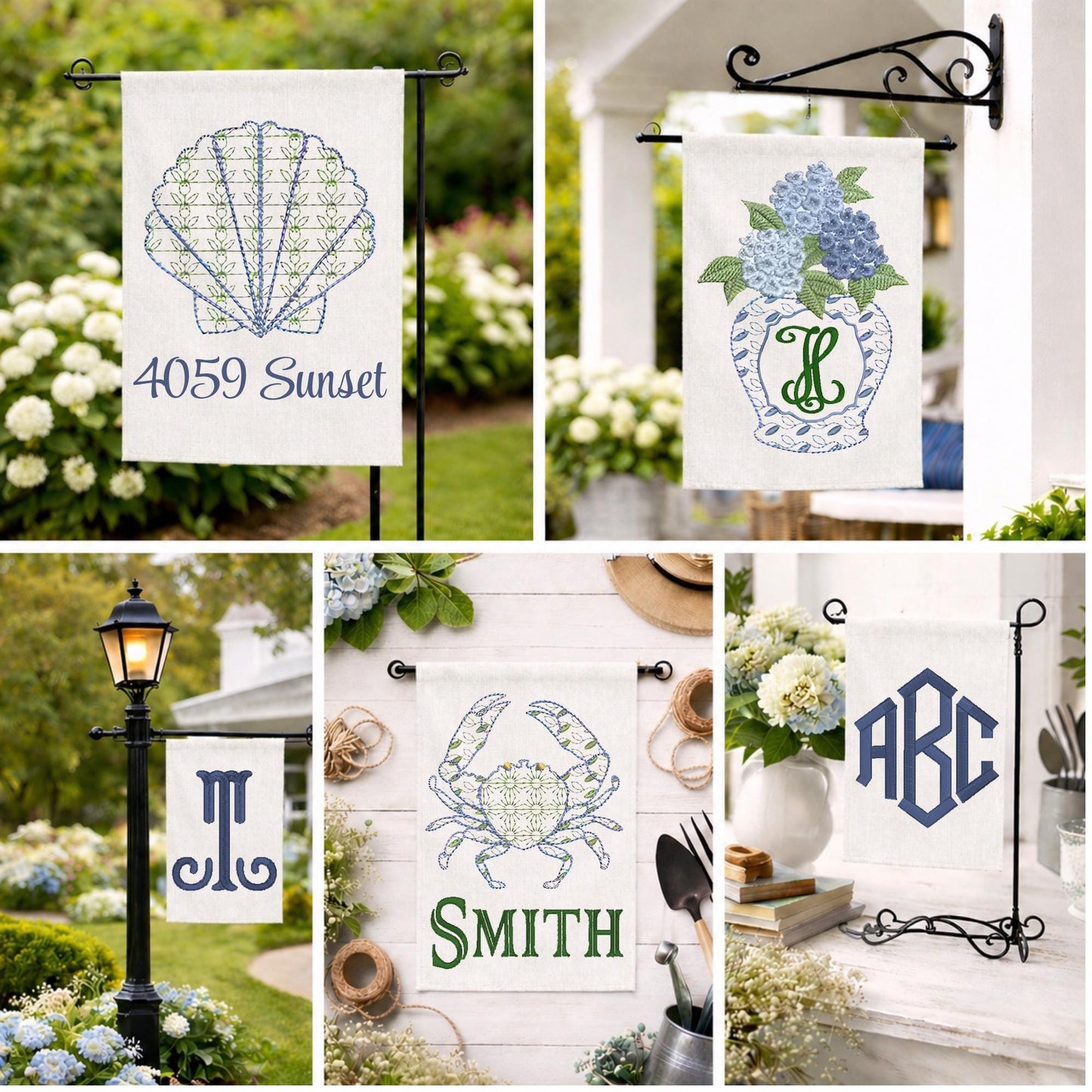 Coast Chinoiserie Beach and Sea Shore Hydrangea, Crab & SeaShell Embroidered Personalized Custom Garden or Yard Flag