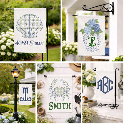 Coast Chinoiserie Beach and Sea Shore Hydrangea, Crab & SeaShell Embroidered Personalized Custom Garden or Yard Flag