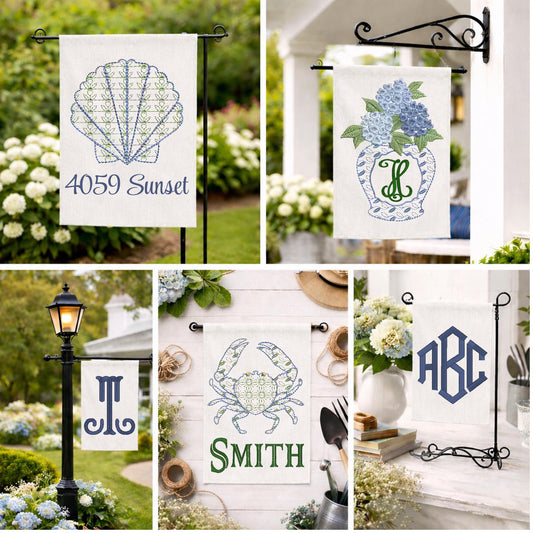 Coastal Chinoiserie Hydrangea Crab & Seashell Embroidered Garden Flag