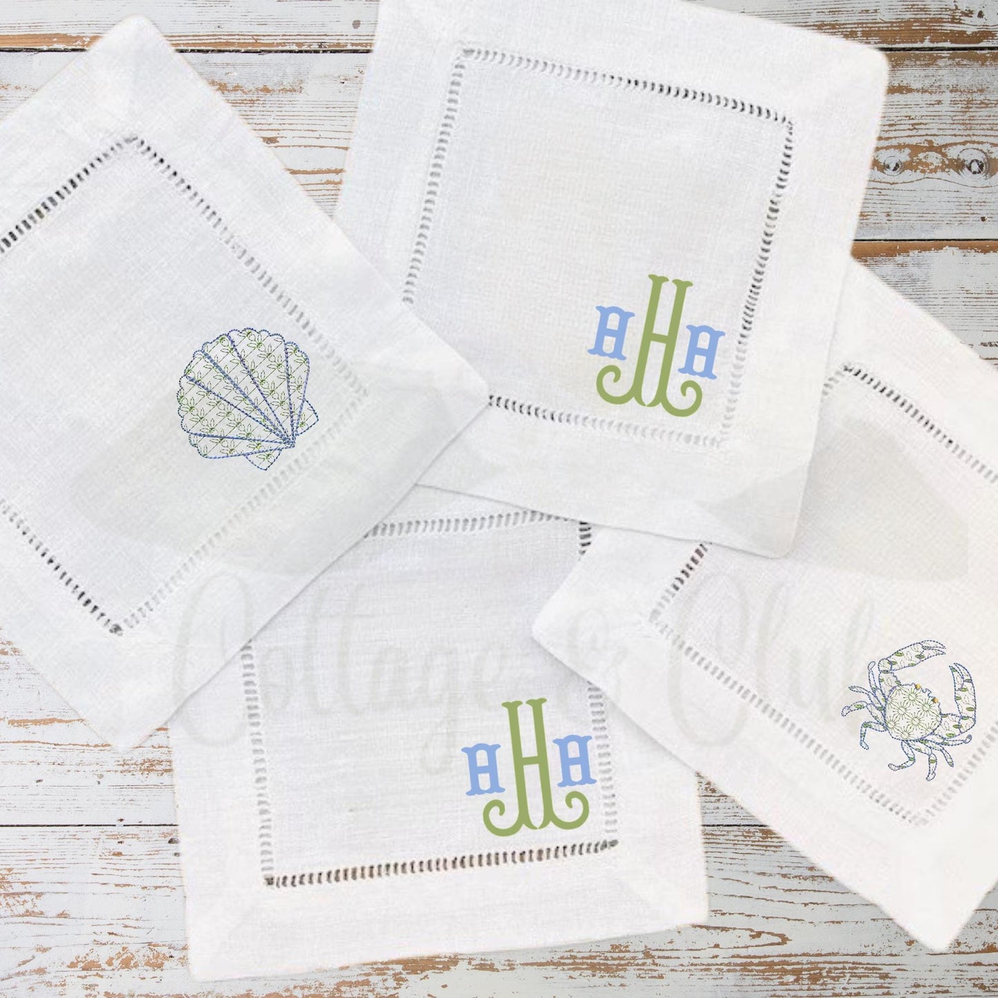Beach Coastal Themed Hydrangea, Crab and Seashell Embroidered Linen Hemstitch Personalized Cocktail Drink Napkins - Set of 4