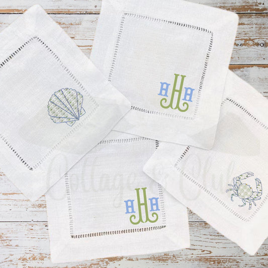 Hydrangea, Crab and Seashell Embroidered Cocktail Napkin Set of 4