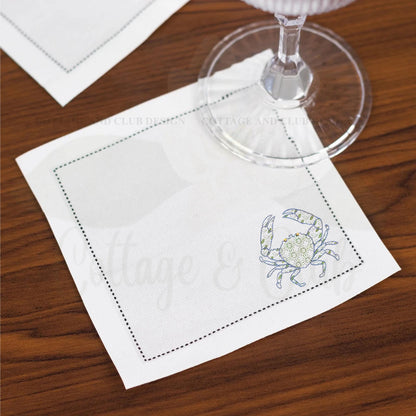 Beach Coastal Themed Hydrangea, Crab and Seashell Embroidered Linen Hemstitch Personalized Cocktail Drink Napkins - Set of 4