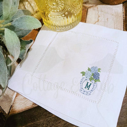 Beach Coastal Themed Hydrangea, Crab and Seashell Embroidered Linen Hemstitch Personalized Cocktail Drink Napkins - Set of 4