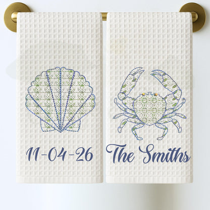 Coastal Beach House Chinoiserie Hydrangea, Crab or Seashell Oversized Kitchen Waffle Weave Tea Towel