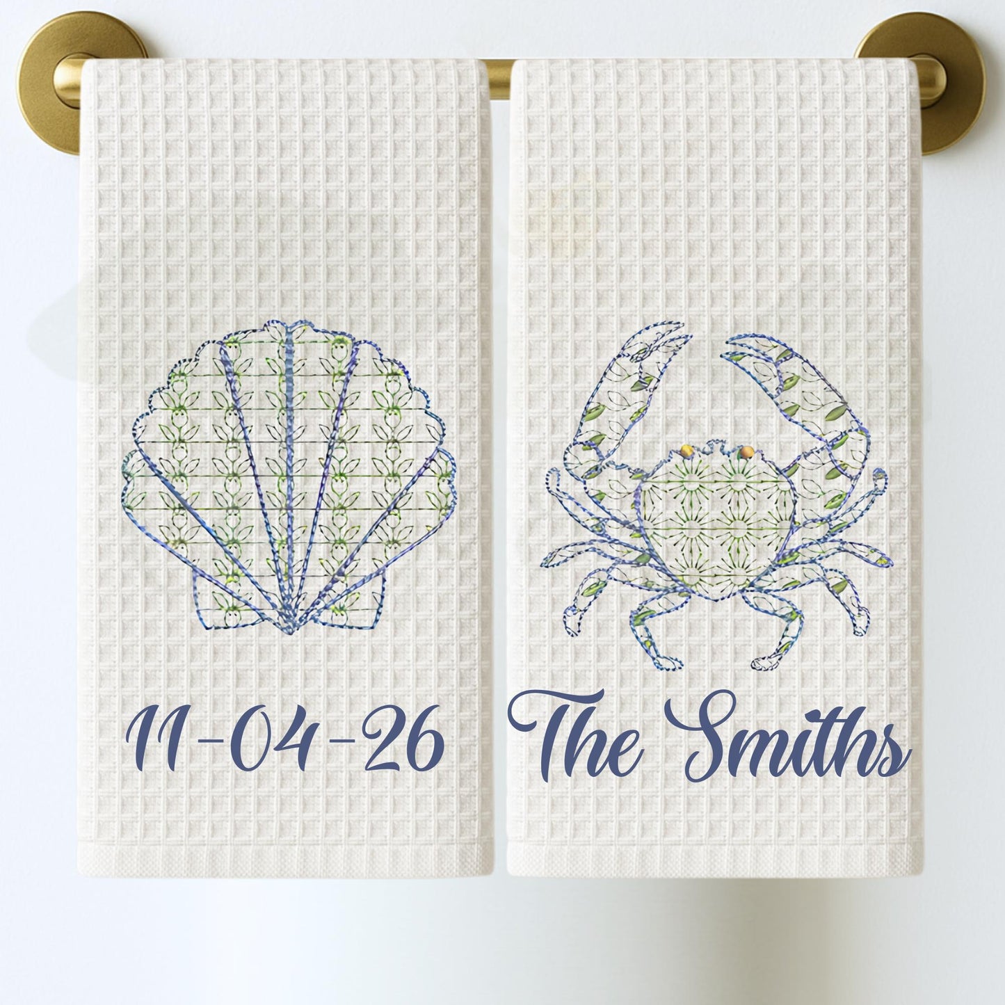 Coastal Beach House Chinoiserie Hydrangea, Crab or Seashell Oversized Kitchen Waffle Weave Tea Towel