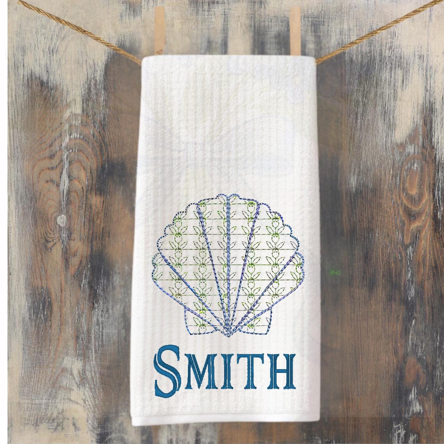 Coastal Beach House Chinoiserie Hydrangea, Crab or Seashell Oversized Kitchen Waffle Weave Tea Towel
