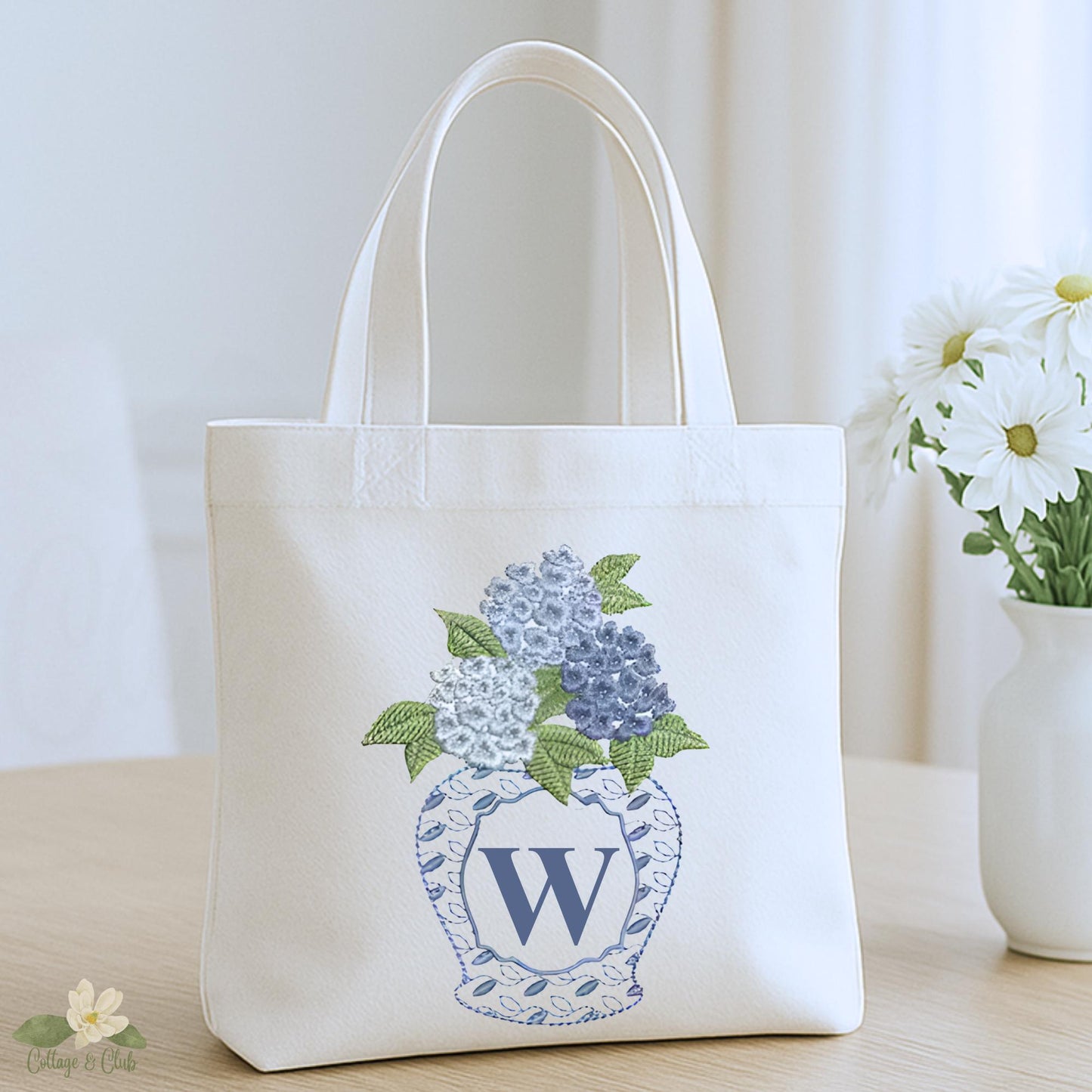 Coastal Beach Themed Hydrangea, Crab or Seashell Double-Sided Canvas Tote Shopping Bag