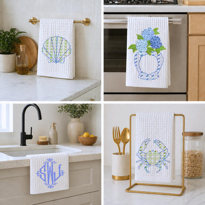 Coastal Beach House Chinoiserie Hydrangea, Crab or Seashell Oversized Kitchen Waffle Weave Tea Towel