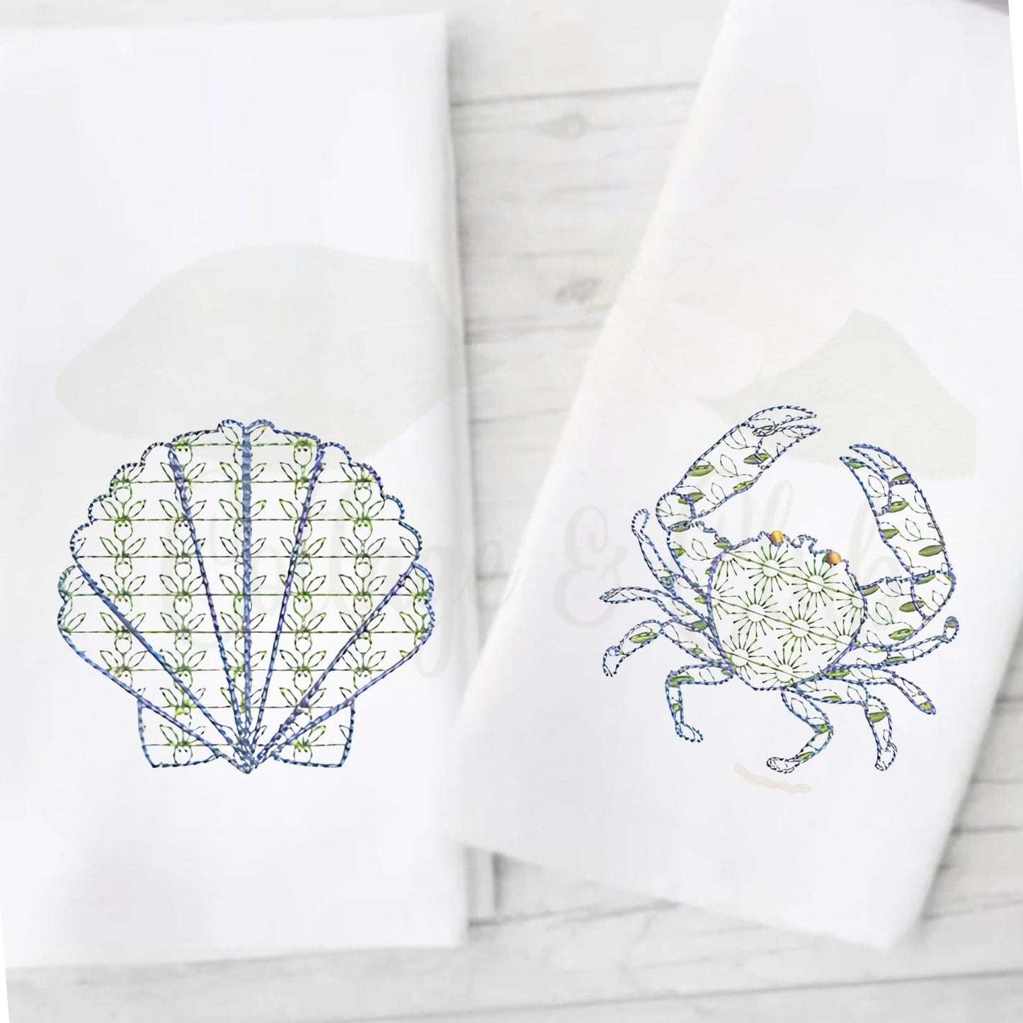 Coastal Beach House Chinoiserie Hydrangea, Crab or Seashell Bathroom Hand Towels For The Bathroom & Powder Room