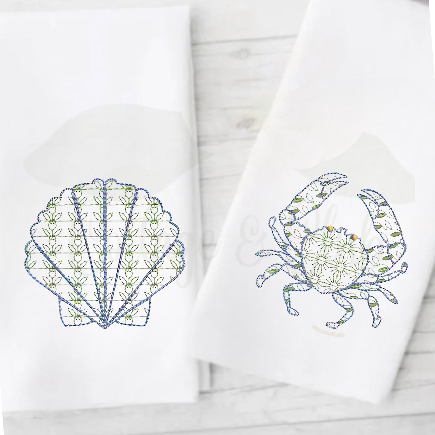 Coastal Beach House Chinoiserie Hydrangea, Crab or Seashell Bathroom Hand Towels For The Bathroom & Powder Room