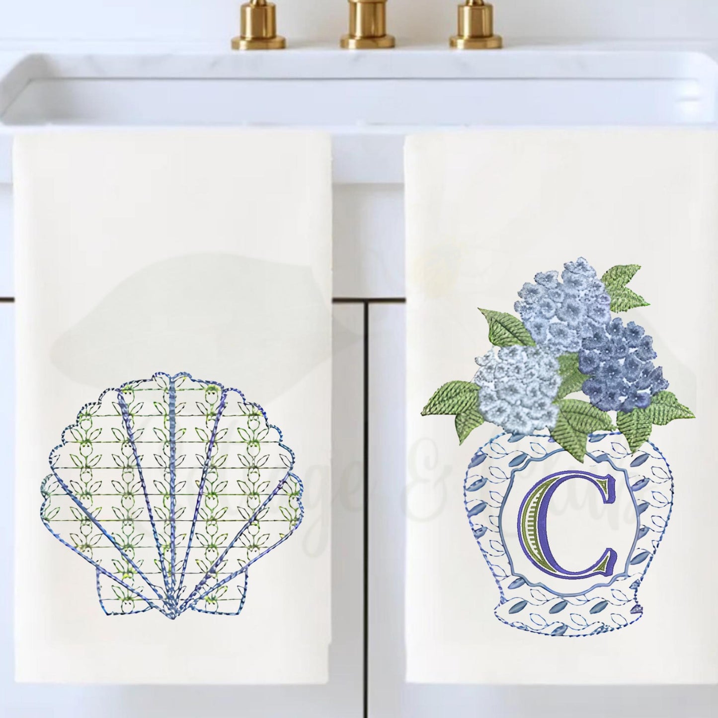 Coastal Beach House Chinoiserie Hydrangea, Crab or Seashell Bathroom Hand Towels For The Bathroom & Powder Room